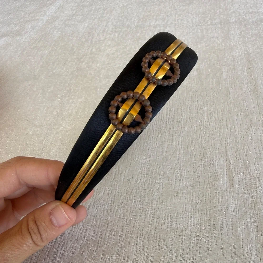 Vintage Black Satin Gold Trim Headband Beaded Mod Retro‎ Hair Accessory
